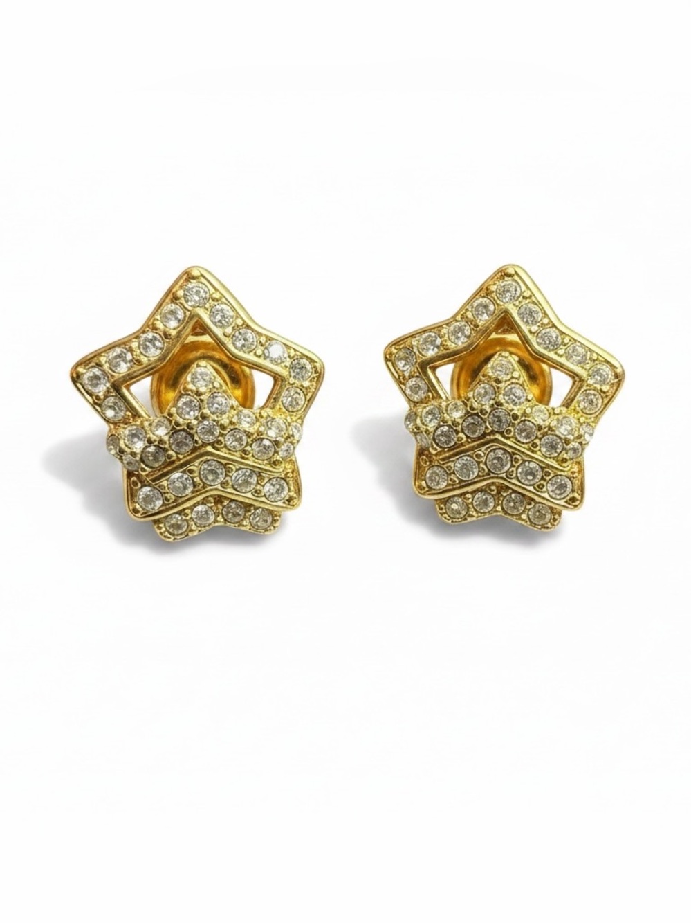 Vintage Gold Tone Clear Rhinestone Star Clip On Earrings Art Deco Revival